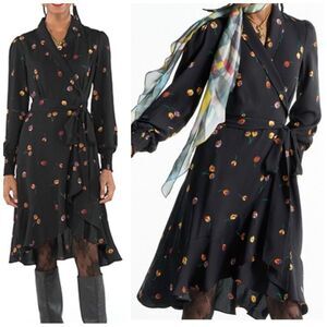Cabi Dress M Divine Floral True‎ Wrap Smocked Puff Sleeve Ruffle High Low Midi